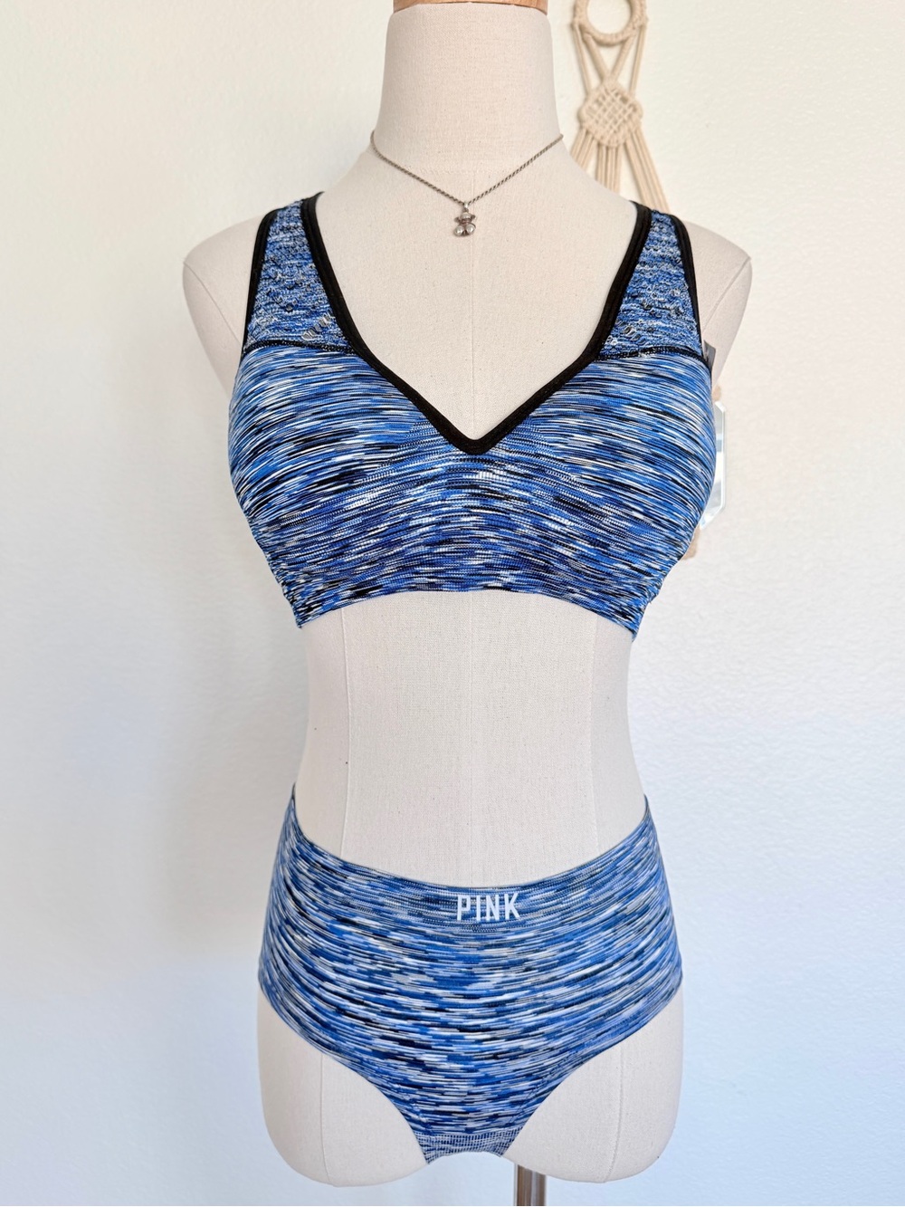💙 VS PINK Blue Marl Push-Up Sports Bra & Extra Low Rise Hipster Panty Set